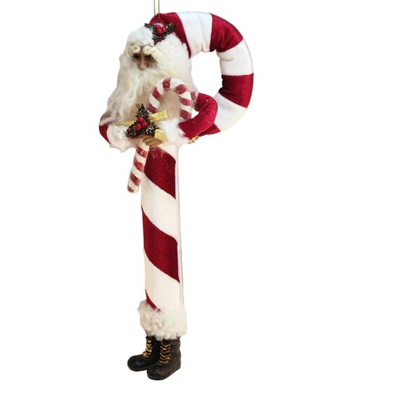 14" Santa Claus Candy Cane Ornament Glitter Details & Bell Vintage Realistic Fac - Picture 6 of 11